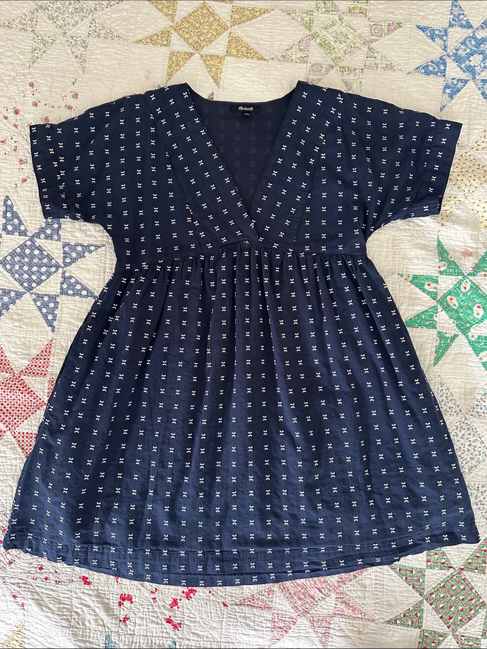 Madewell Navy Blue Embroidered V-Neck Empire-Waist Dress